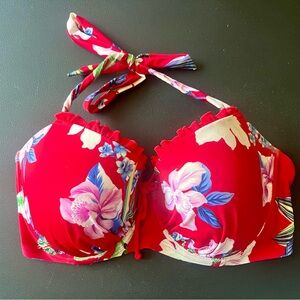 Pour Moi 38F red pink white green hibiscus flower print halter bikini top